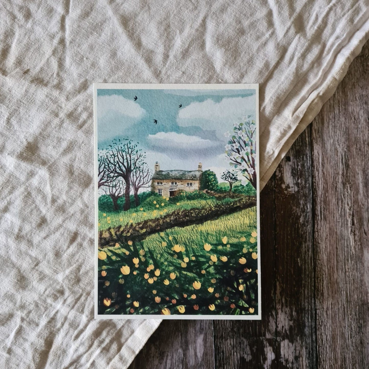 Cosy art print of a traditional Cornish country cottage in the English countryside, whimsical spring art, A4 or A5 size wall art