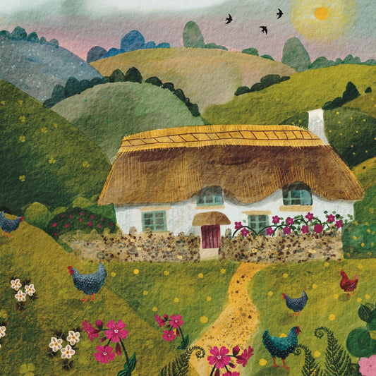 Cosy cottage in the English Countryside A4 or A5 print, thatched cottage in a summer garden with chickens, wildflowers and butterflies
