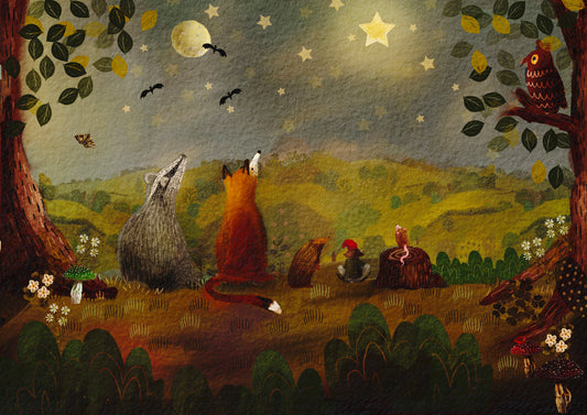 Cute, cosy woodland animals art print for nursery or kids room, fox, badger, hedgehog, pixie, wishing on a star