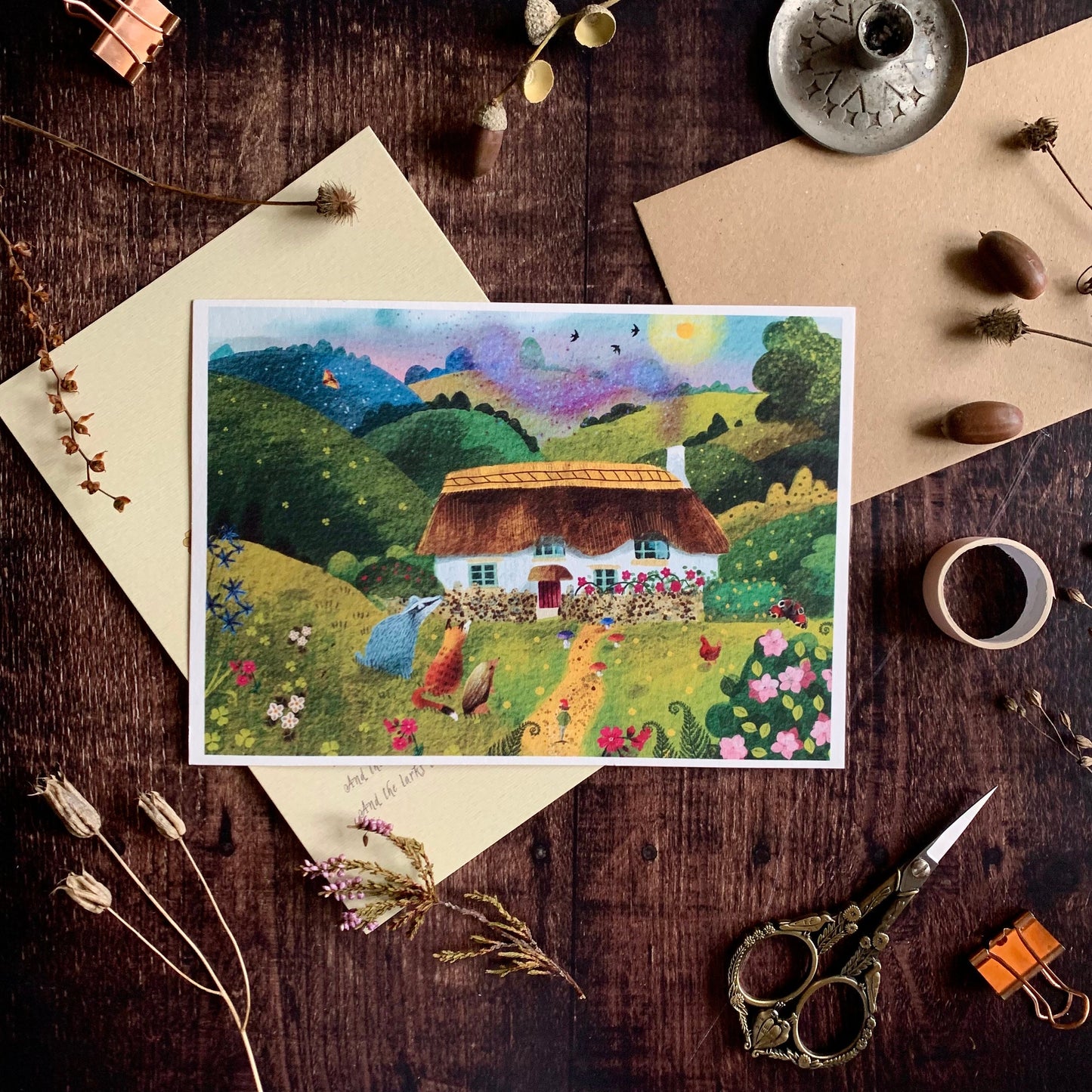 Cosy cottage in the English Countryside A4 or A5 print, thatched cottage in a summer garden with chickens, wildflowers and butterflies